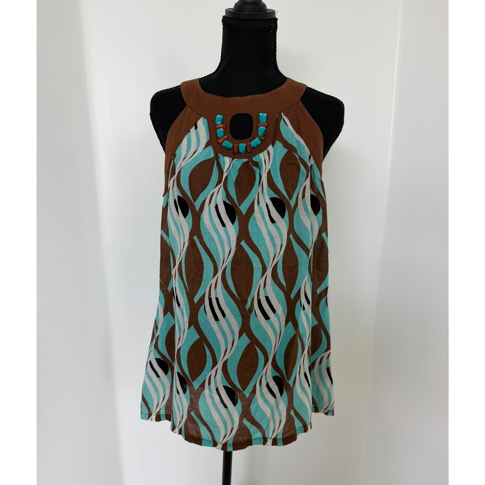 Y2K Halter Boho Geometric Brown Halter Top Beaded McBling Groovy Hippie M